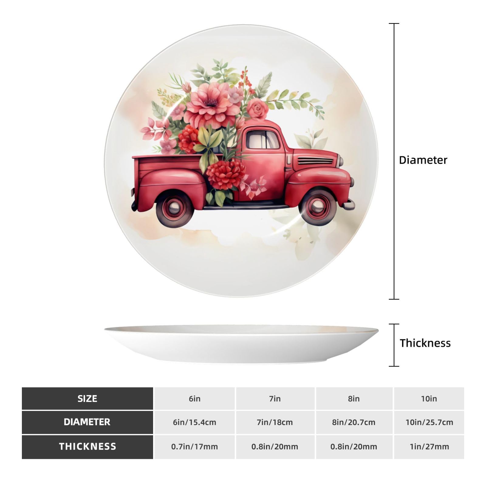 hsbolediy Retro Red Truck Porcelain Decorative Plate 10in, Ceramic Plates Ornament for Couple Wedding Anniversary Dinner Office Decor