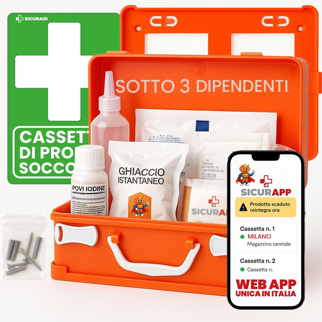 SICURAID Cassetta Pronto Soccorso Aziendale Allegato 2 DM 388/2003 CE MDR con Web App SicurApp | Kit Medico Certificato | Valigetta Arancio con Cartello per Aziende fino a 2 Dipendenti – Gruppo C