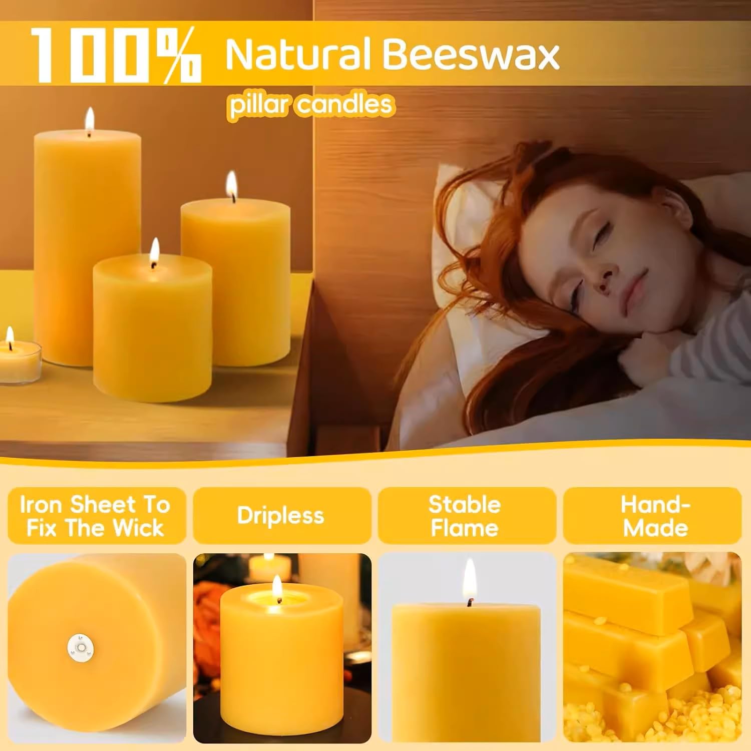 Velas de cera de abeja pura para el hogar, 2 x 4 pulgadas, tiempo de combustión de 28 horas, sin humo, juego de 6