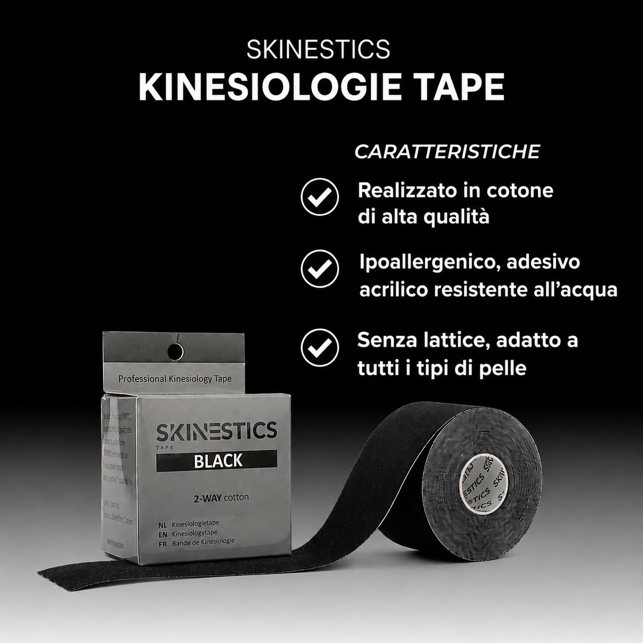 Skinestics Nastro Kinesiologico 4-Way Nero | 3 Rotoli | 5cm x 600cm | Taping Sportivo Ginocchio | Tape Impermeabile | Cerotto Taping Fisioterapia | Kinesio Taping Neuromuscolare | Cerotti Colorati