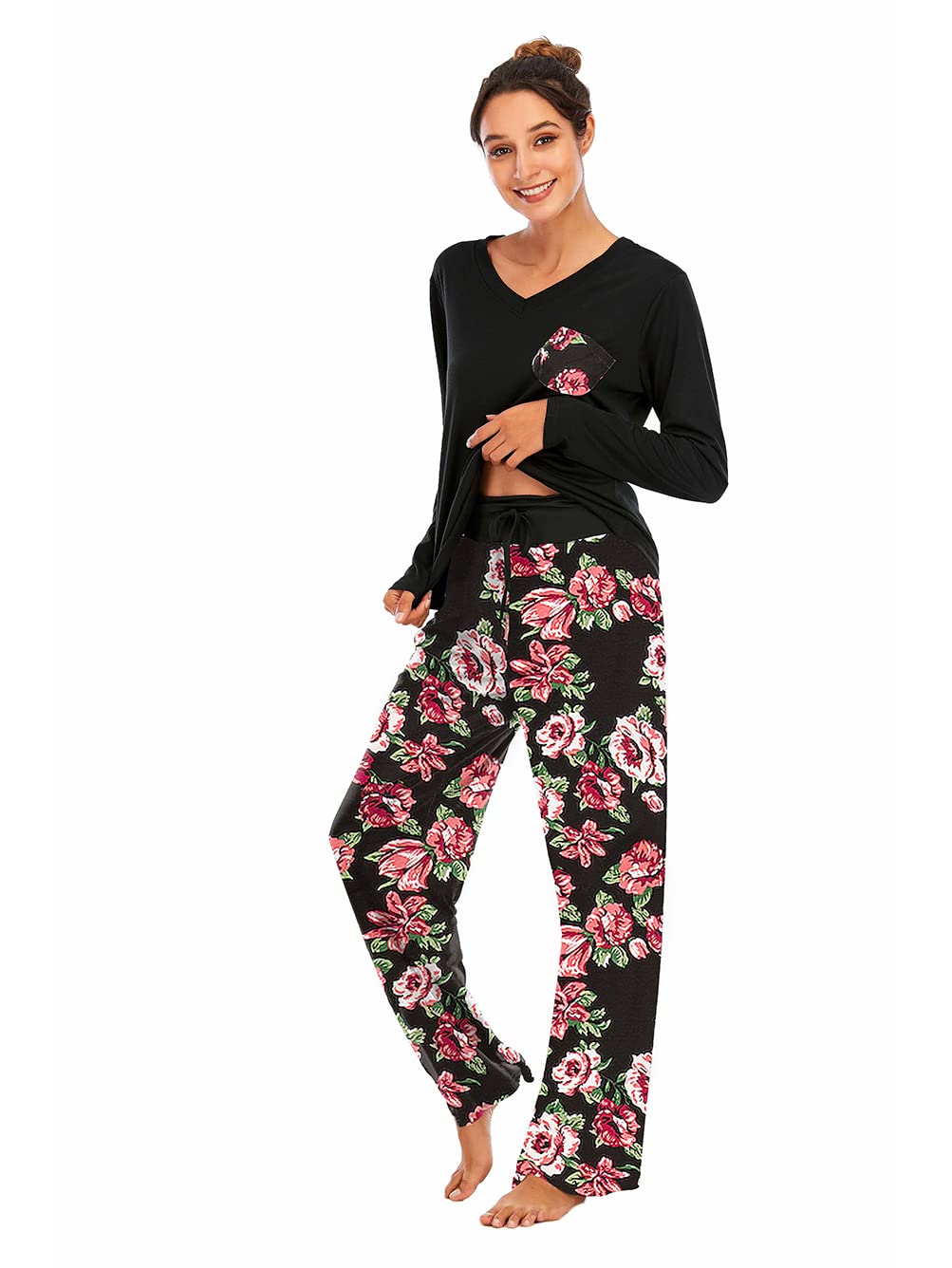 Famulily Damen Schlafanzug Lang Pyjama Set Herbst Winter Baumwolle Drucken Nachtwäsche Zweiteiliger Nachtwäsche Oberteil und Hose mit Weitem Bein S-XXL