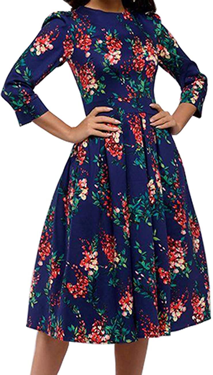 FELOVE Vestido de cóctel para mujer, estilo vintage, elegante, para fiestas, hasta la rodilla, cuello redondo, floral, falda plisada, retro, rockabilly, línea A, de los años 50, manga 3/4, vestido de
