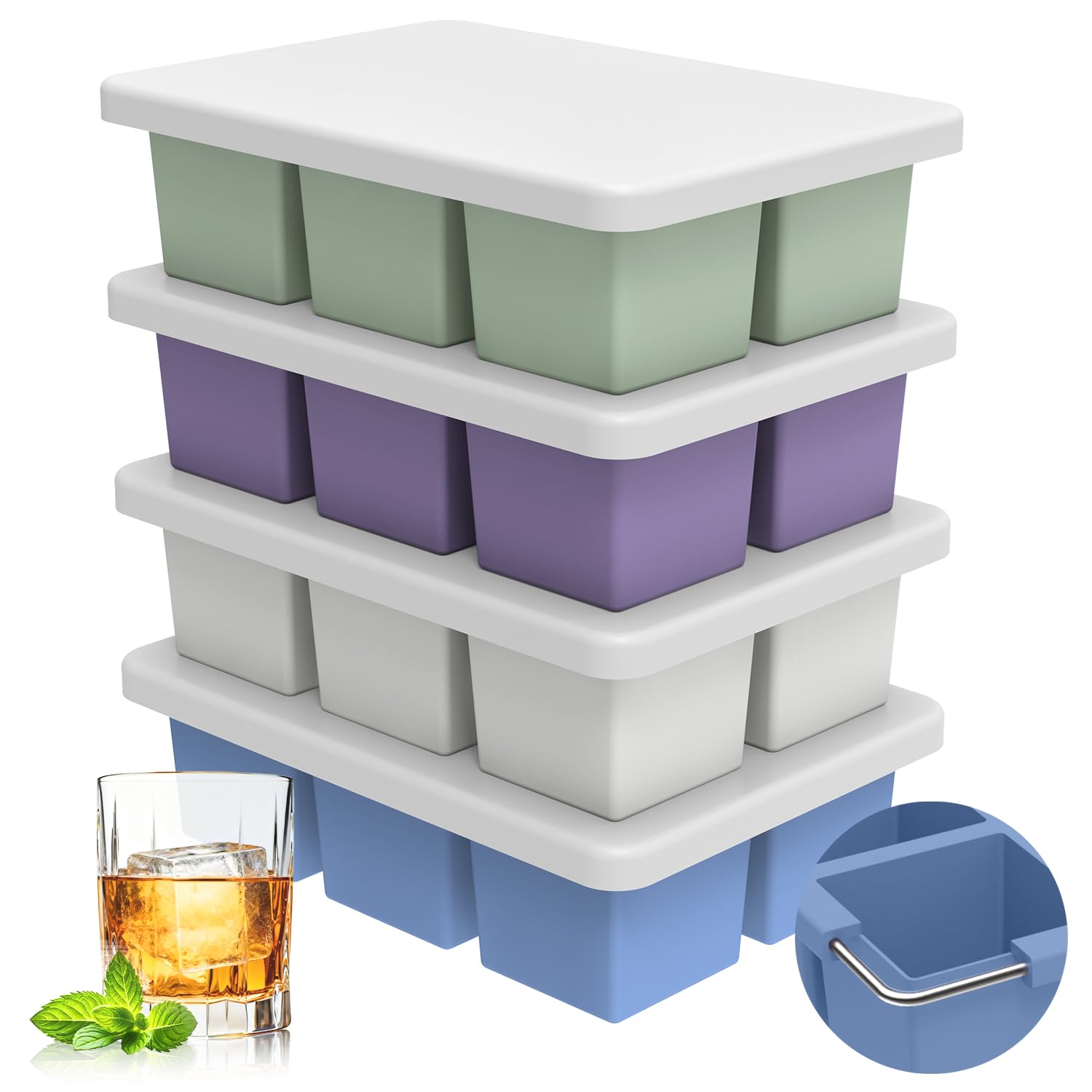 mossime Silicone Ice Cube Tray: 4pack Square Whiskey Large Ice Cube Molds - Old Fashioned Ice Cube Trays with Lid - 2inch Easy Release Big Freezer