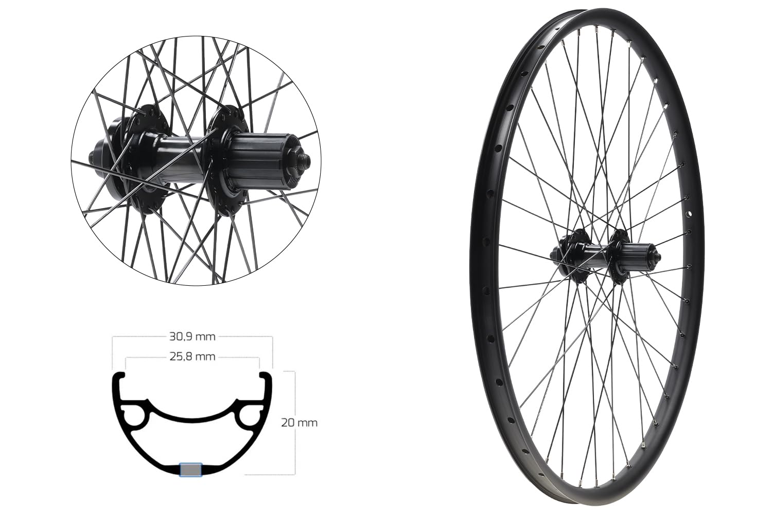 27,5 Zoll Hinterrad MTB Felge 26-584 36 Loch Tubeless Ready Disc 6-Loch für 7/8/9/10-fach Kassette schwarz