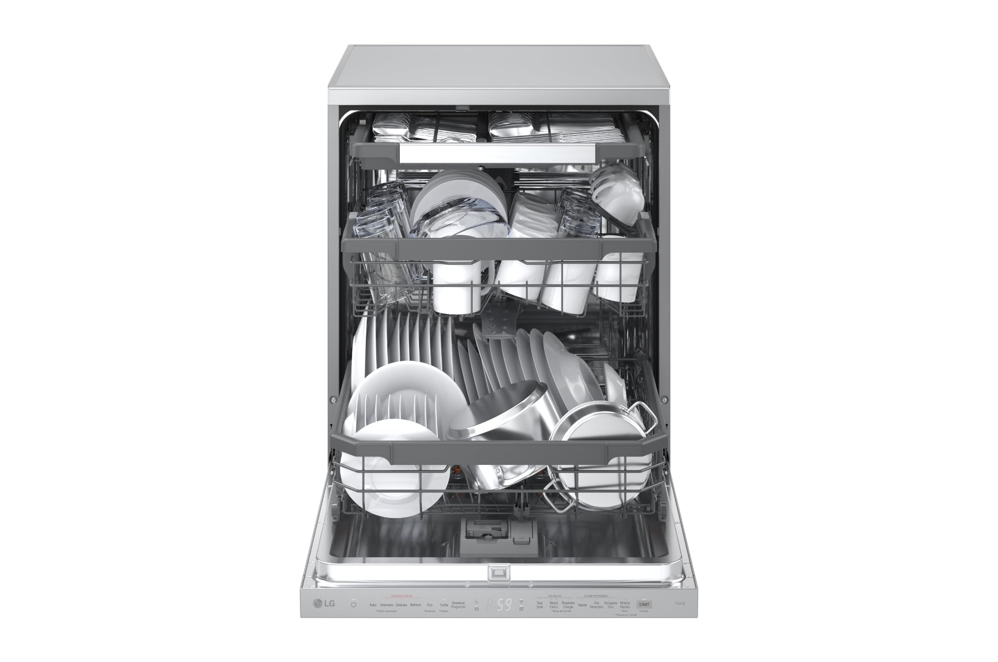 LG DF375HVS Lavastoviglie Libera Installazione Classe A, 14 Coperti, Lavaggio a Vapore TrueSteam, LED Esterno, Sistema QuadWash con 4 Bracci Irroratori, Serie 5, Auto-Apertura, 43dB, Wi-Fi, Grigia