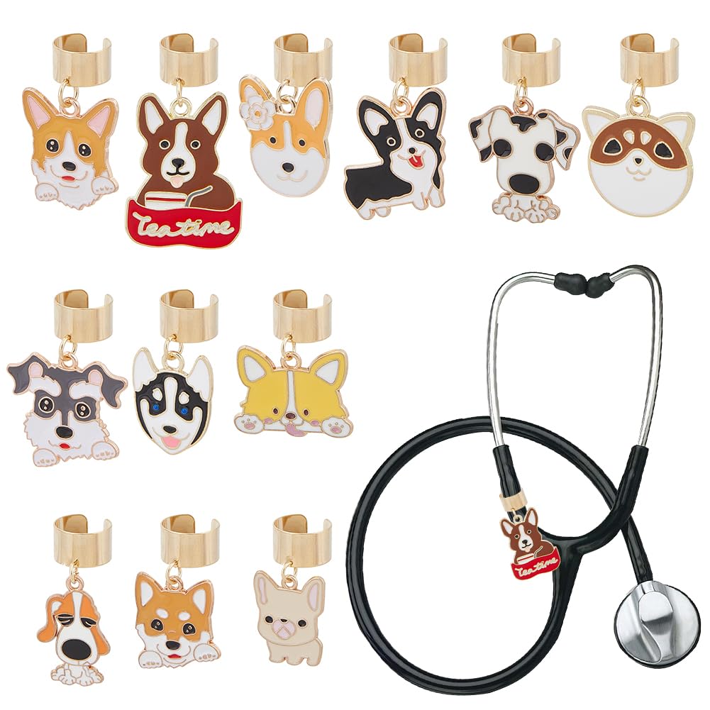 OLYCRAFT 12Pcs Dog Stethoscope Charms 1-1.4 Inch Alloy Golden Retriever Stethoscopes Tag Pendant ID Name Tag Charm Shiba Stethoscope Charms