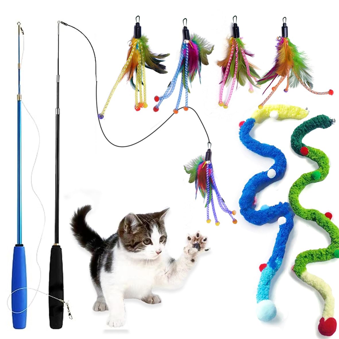Cat Toys Interactive Cat Toy 2PCS Retractable Cat Wand Toy and 7PCS Cat Feather Toys Refills, Funny Kitten Toys Cat Fishing Pole Toy for Bored Indoor Cats Chase and Exercise (pom feather wand)