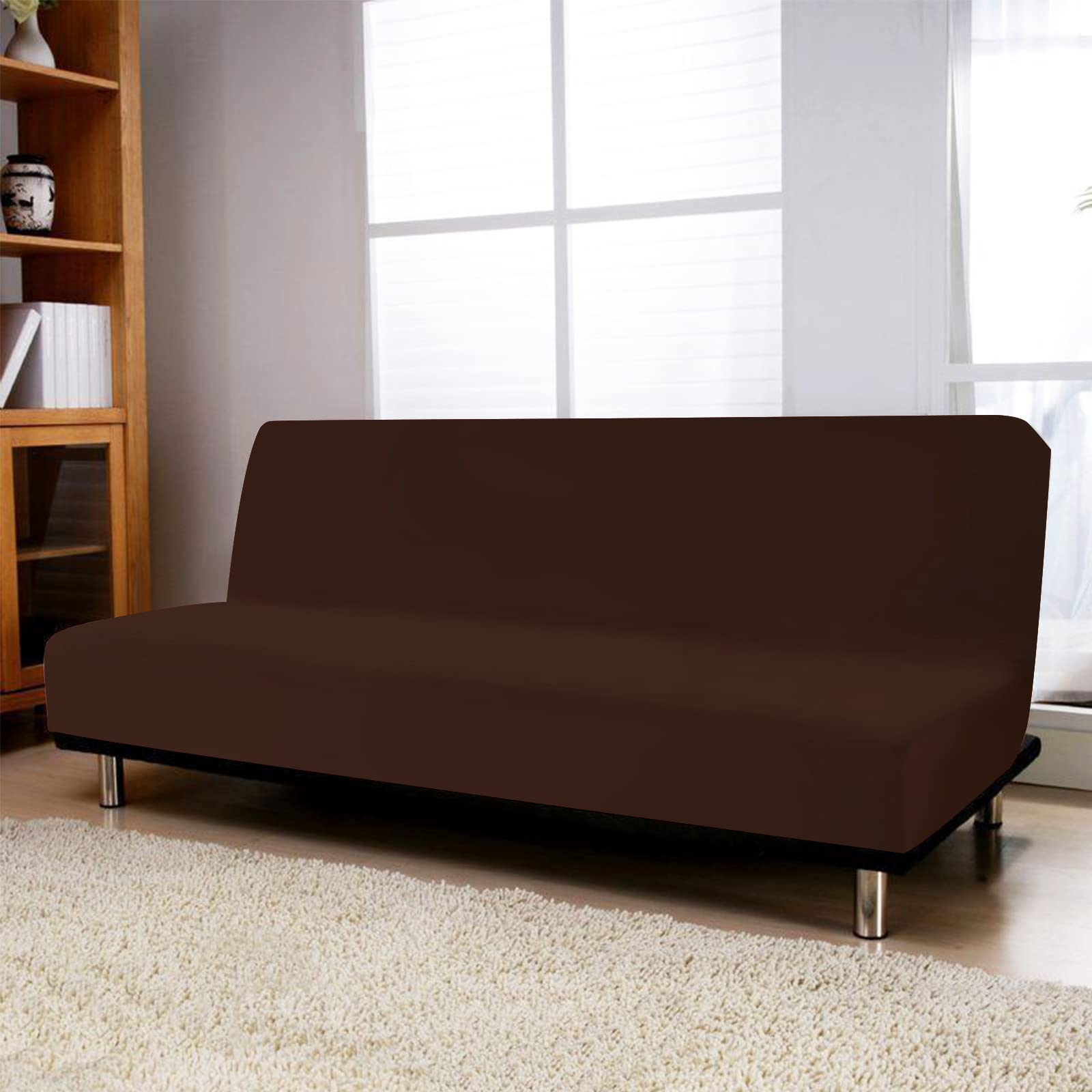 FIGOOO Copridivano senza Braccioli 3 Posti Elasticizzato Copridivano Letto Pieghevole Universale Spandex Fodera per Futon a Tinta Unita Coperture Divano Clic Clac per Soggiorno Casa,Marrone Scuro