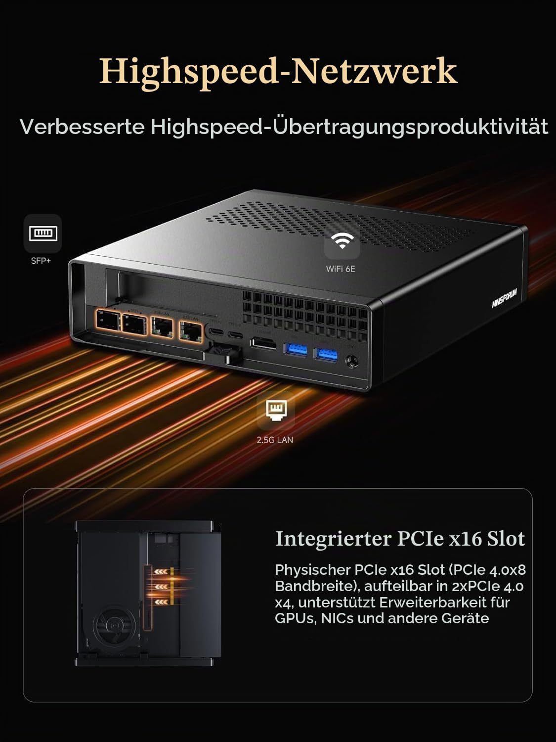 MINIS FORUM MS-A2 Mini PC, AMD Ryzen 7 7745HX (8C/16T, bis 5,1 GHz), PCIe x16 Slot, 8K Triple Display, 2×10G SFP+ & 2×2,5G LAN, 3×M.2 NVMe, Barebone ohne RAM & SSD
