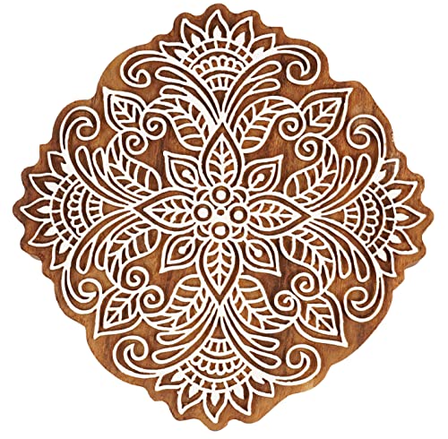 IBA Indianbeautifulart Bloque de impresion textil Floral Mandala Motif Sello de madera tallado a mano Bloque de madera impresion Textil Sello para Tela/Bloques de Cero¡mica - 6 pulgadas Cover