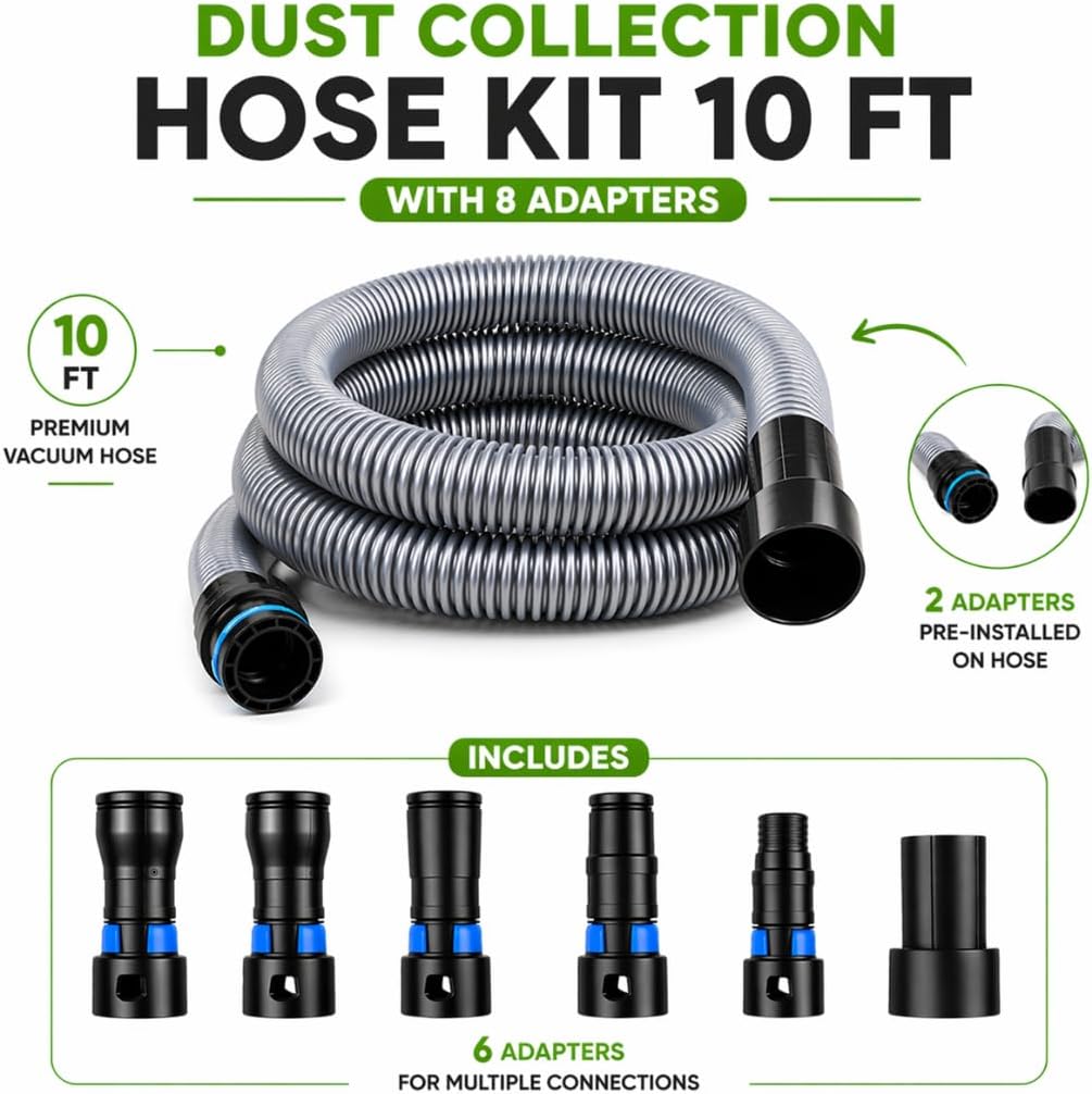 Dust Collection Hose Kit 10 Ft Vacuum Hose Shop Vac Hose for Home Improvement Tool Set Multi Brand Fit on Table Saw Multi Tool Orbital Sander Dust Collection System with Adapters. image 2
