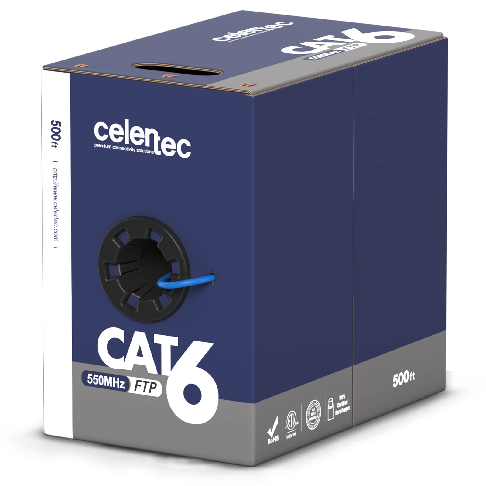 celertec CAT6 Shielded Ethernet Cable, 500ft, FTP (Overall Foil Shield), 23AWG Solid Bare Copper, 550MHz, ETL Listed &CMR Riser Rated, Indoor, Bulk Ethernet Cable, Blue