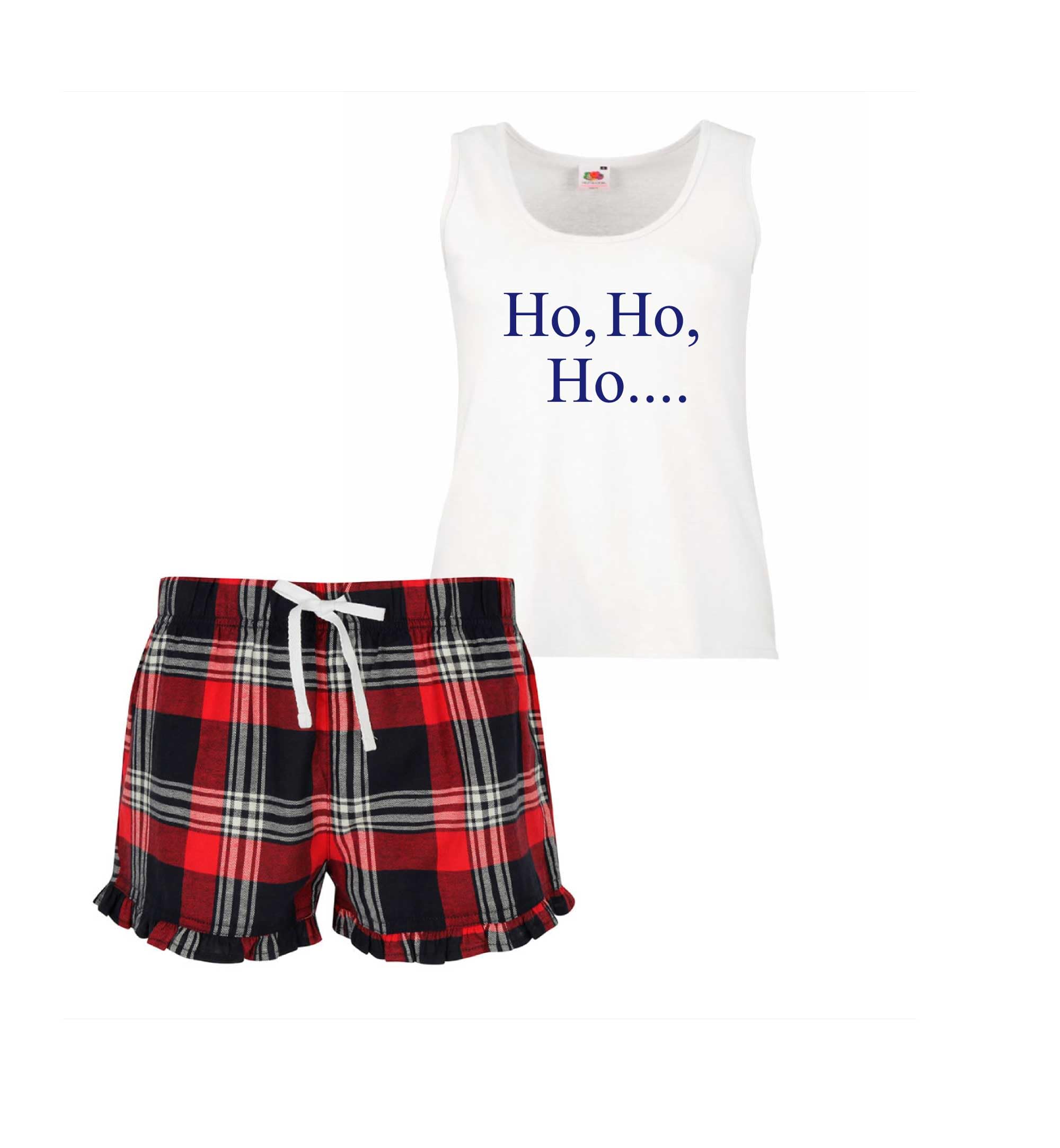 60 Second Makeover Limited Ladies Ho Ho Christmas Pajamas Pyjamas Tartan Frill Short Family Matching Christmas PJs For Family Pyjamas Christmas+Pajamas Red - X Small