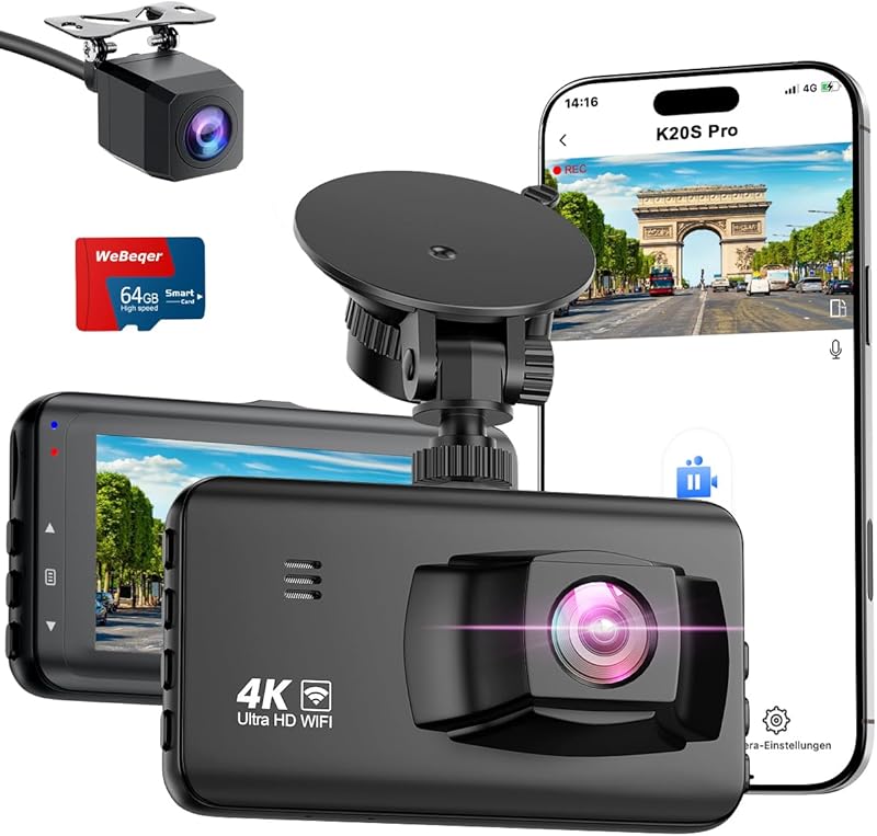 Dashcam Voiture 4K, Camera Voiture WiFi avec Écran IPS 3", Contrôle par Application, Dash Cam avec Grand Angle 170°+140°,Vision Nocturne, G-Sensor