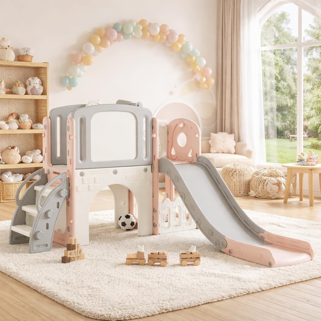 8-in-1 Toddler Slide Playground Set for Indoor & Outdoor Fun – Includes Climber, Basketball Hoop, Telescope, Tunnel, and Storage Space for Kids – Perfect for Backyard & Courtyard Activities