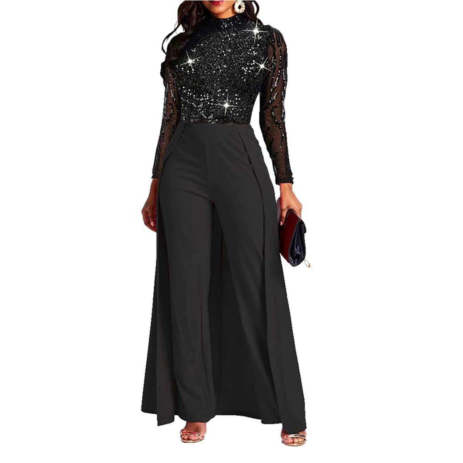 VERWIN Patchwork Overlay Embellished Plain Women's Jumpsuit High-Waist Woman Romper