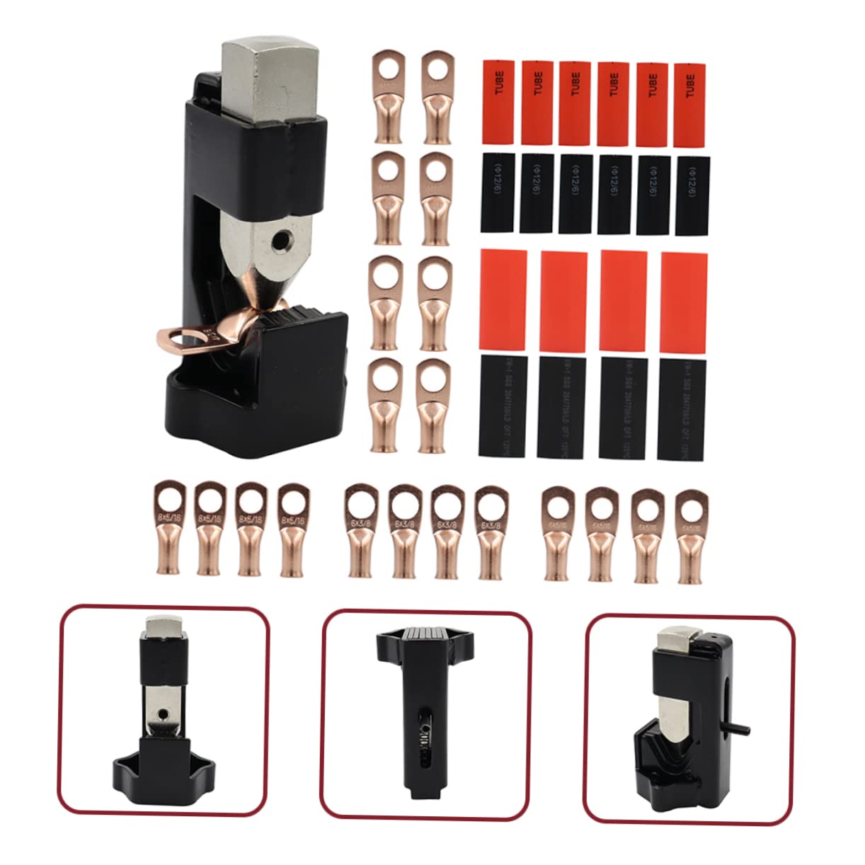 OSALADI Pinza Crimpatrice per Connettori Batteria 1/0 in Acciaio con 4 Connettori 3/8 in Rame, Strumento per Cavi Elettrici e Saldatura, per Progetti Auto e Nautici