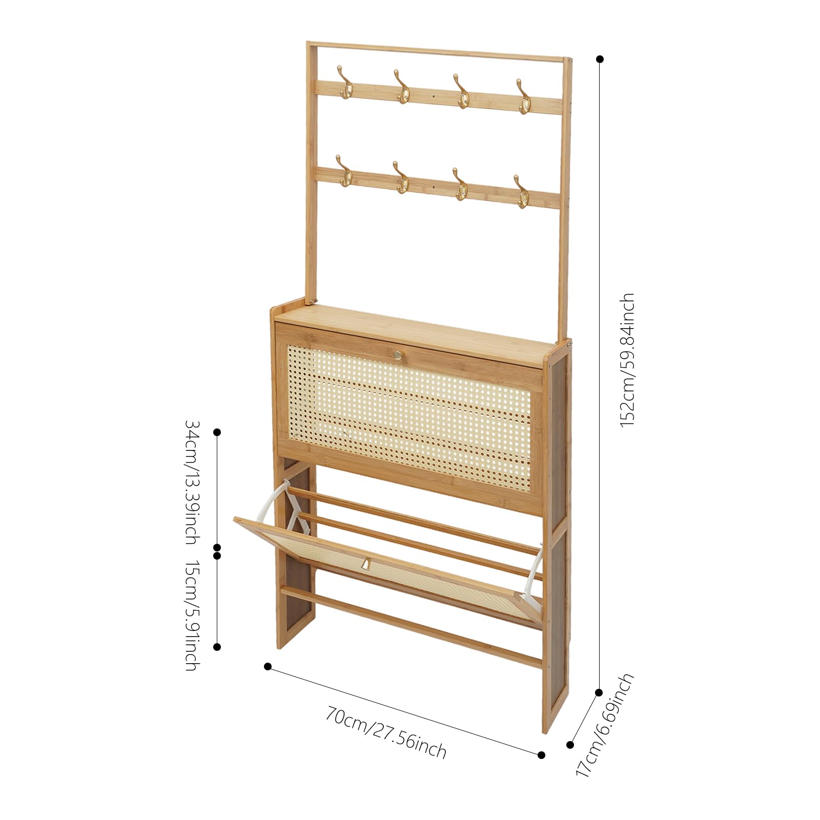 Mueble de zapatos de dos niveles para almacenamiento de zapatos con puerta batiente y ganchos para zapato, bambú, estante de almacenamiento, antipolvo, para entrada/pasillo/familia