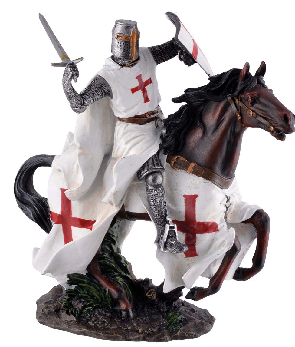 John Vogler GmbH Rycerze Templariusze na koniu w galopie 24 cm figurka rycerz templariusz krzyż templariusza dekoracyjna rzeźba
