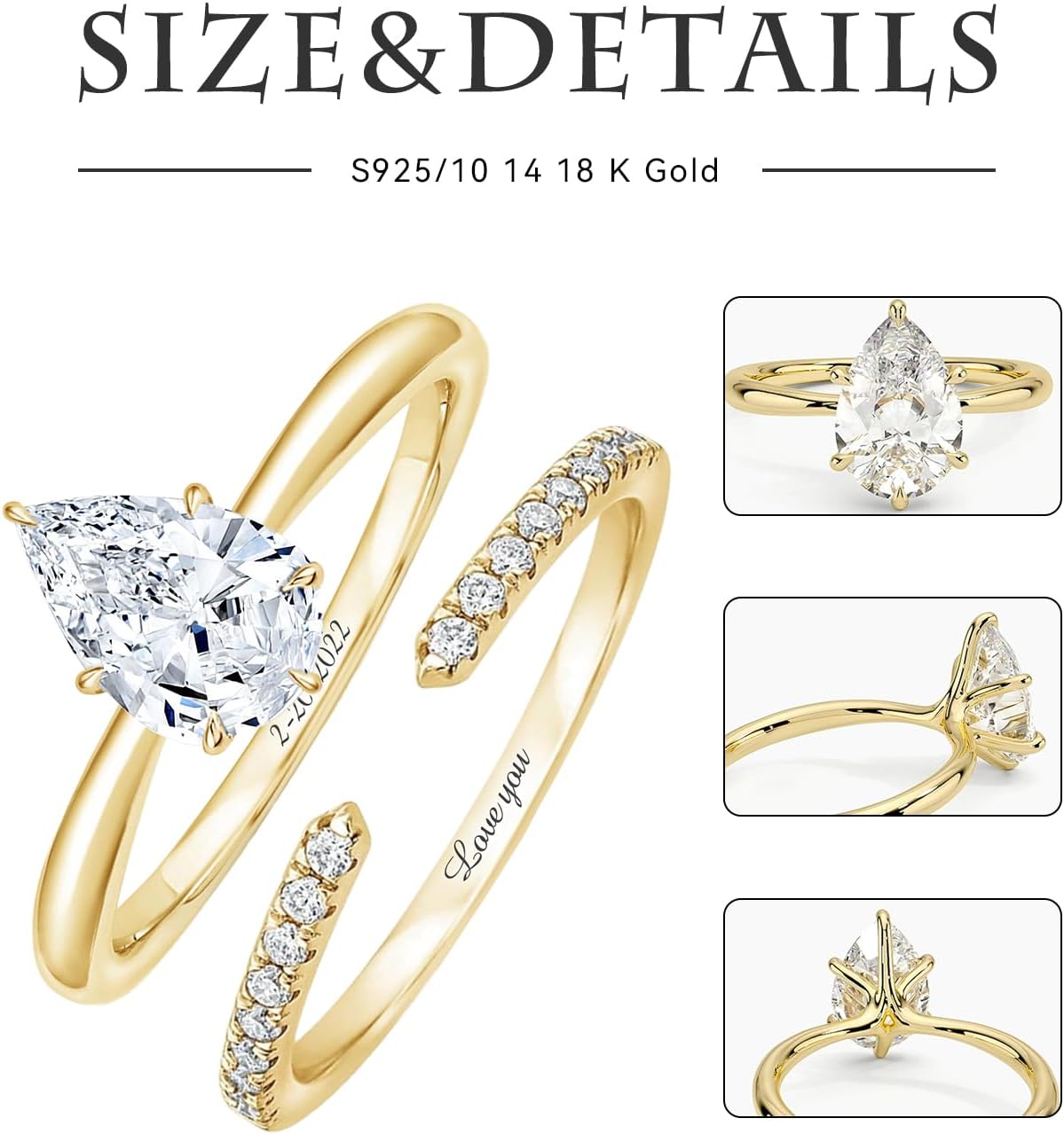 Radiant/Emerald/Pear/Oval Cut Moissanite Wedding Ring Sets for Women, 10K 14K 18K Gold 1/1.5/2 Carat CT Moissanite Engagement Rings Sets Bands for Women Size 4-12