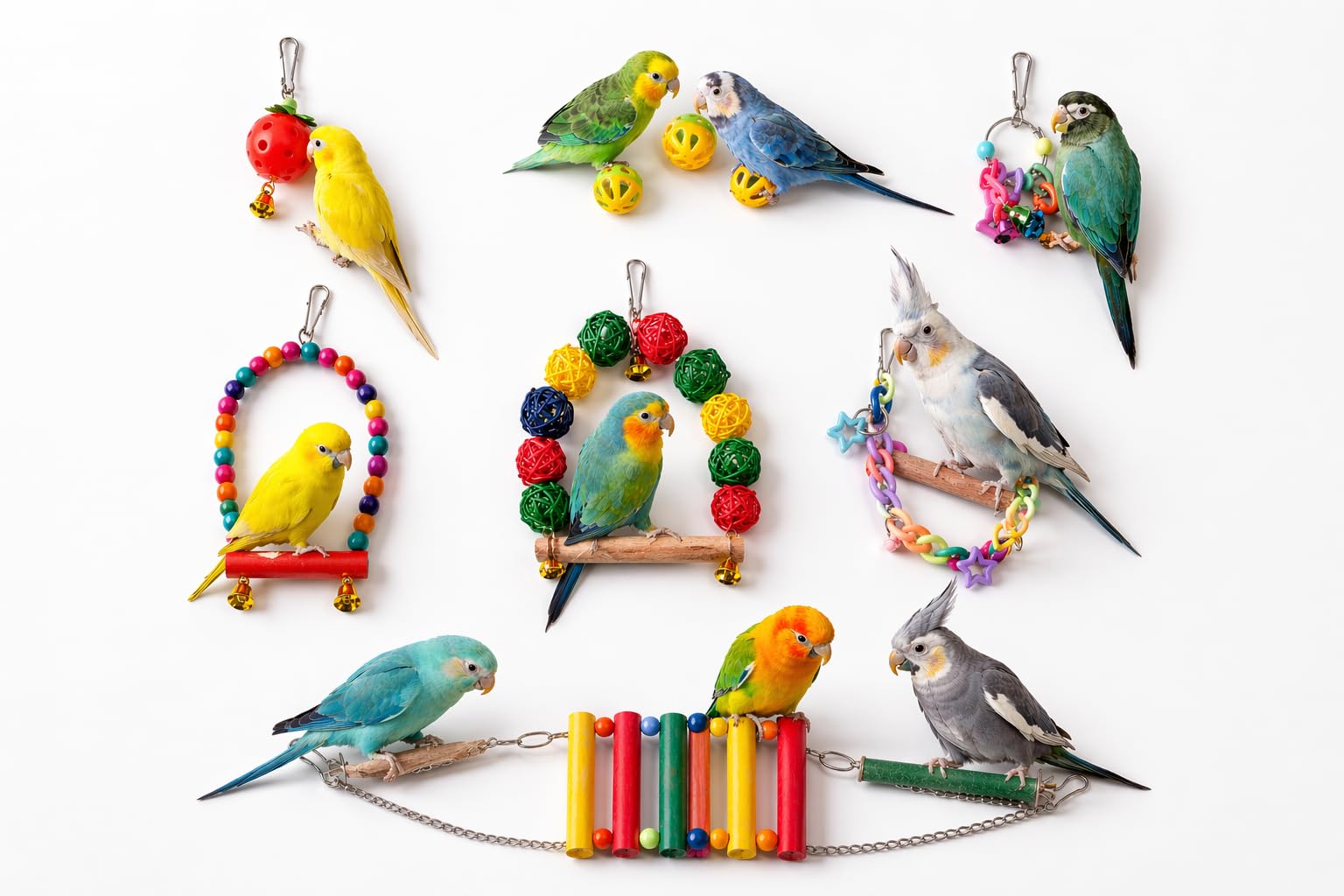 TITAN BIRDS 12-13 Piece Parrot Toy Set with Play Balls, Swing, Bridge & Chew Toys for Small to Large Birds (Mix, Small.)
