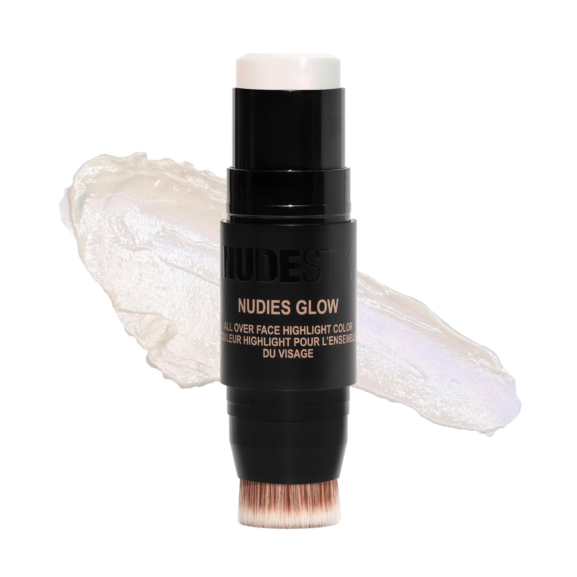 NudeStix Nudies Glow Highlighter Stick w/Blending Brush, Dewy Cream Makeup for Cheeks, Eyes, Lips, Soft Metallic Glowy Face Color and Contour, 0.28 oz (8g) (Illumi-Naughty)