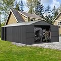 Domi 12x20FT Outdoor Garage Metal Shed, Extra Large Carport with Skylights & Dual-Entry, Backyard Storage Shed for Car, Truck, Lawn Mower and Tool, Dark Grey