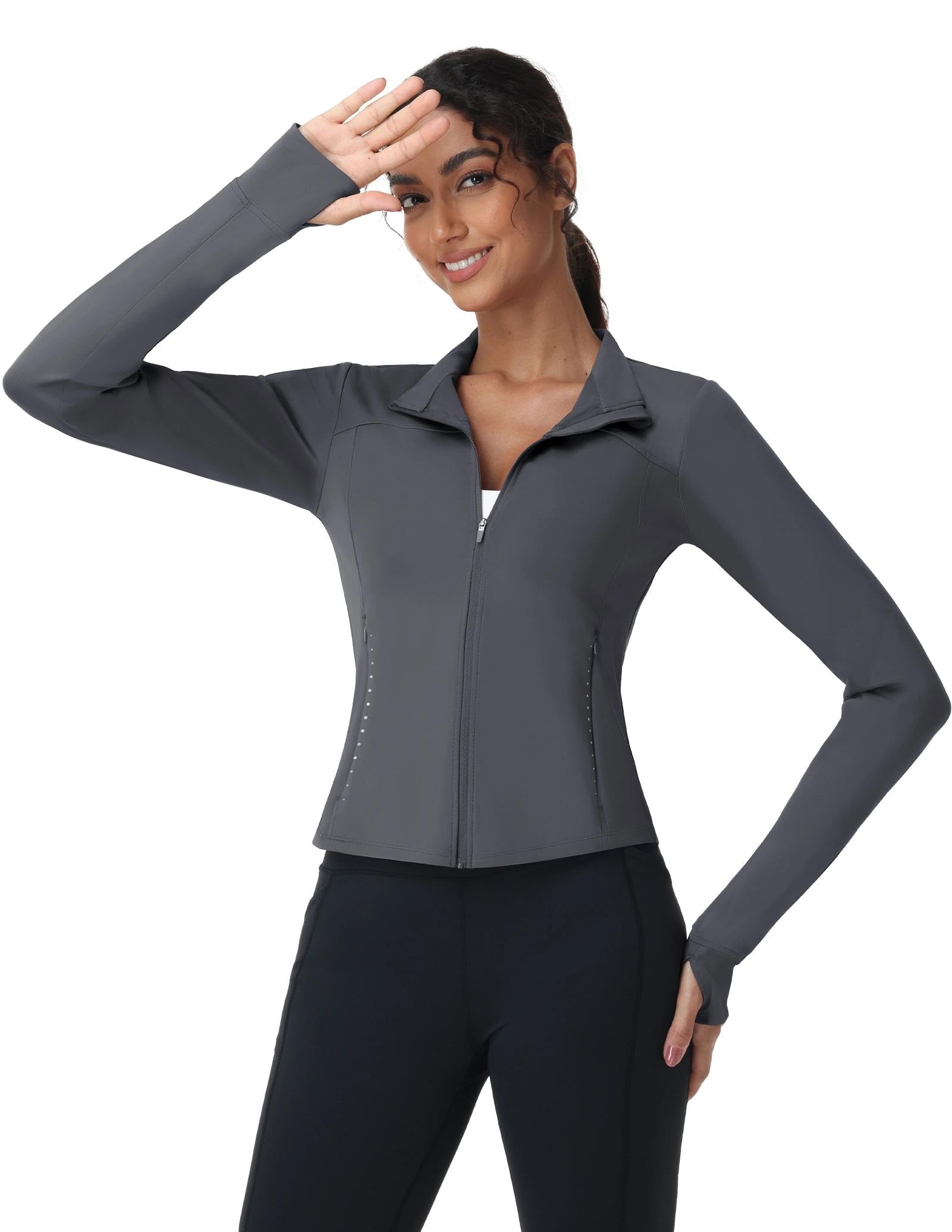 MIER Giacche da allenamento da donna, con zip intera, vestibilità aderente, leggera, atletica, corsa, palestra, fori per i pollici e tasche