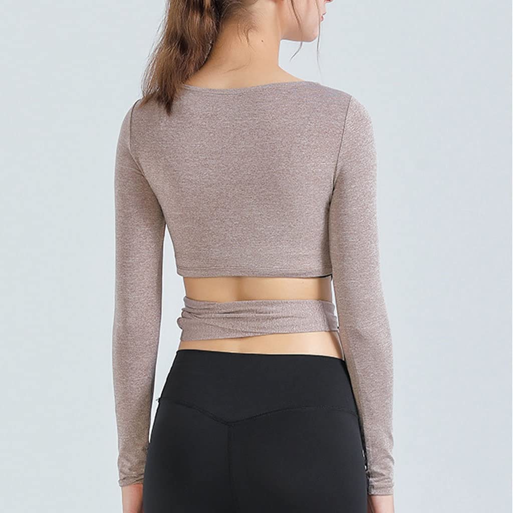 HSQMA Camiseta de yoga de entrenamiento para mujer, camiseta de manga larga sin costuras, ajuste holgado, transpirable, para yoga, entrenamiento, gimnasio, para mujer, ajuste relajado, ligero, cuello