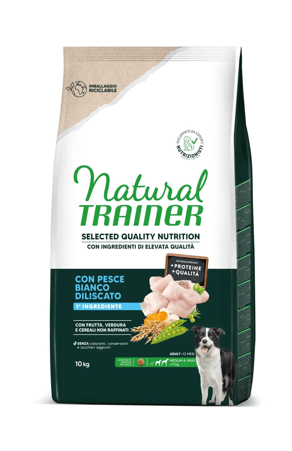 Natural Trainer Selected Quality Cibo per Cani Adulti Taglia Media e Grande, Crocchette con Pesce Bianco Dislicato, Carota e Mela. Benessere Pelle e Pelo, Supporto Difese Naturali - Sacco da 10 kg