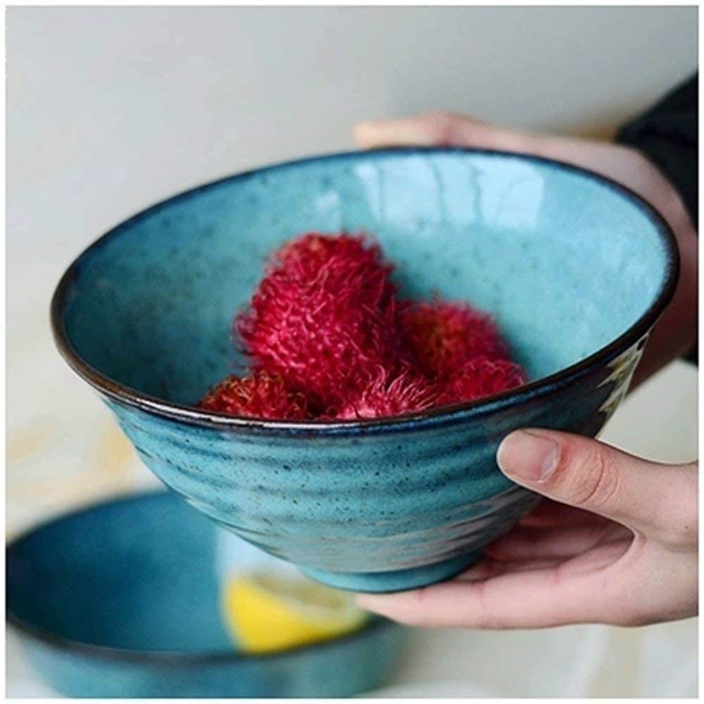 ERoomQ Pasta Bowls Bowls Large Soup Ramen Noodle Bowl Fruit Salad Pasta Mixing Serving Bowl Creative Home Ceramic Tableware Oven Microwave Safe 7.2 Inches Blue Salad,