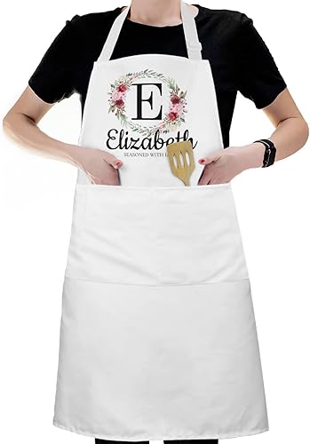 Delantales personalizados para mujer, diseño de letra inicial floral, delantal personalizado, delantal de chef ajustable con 2 bolsillos