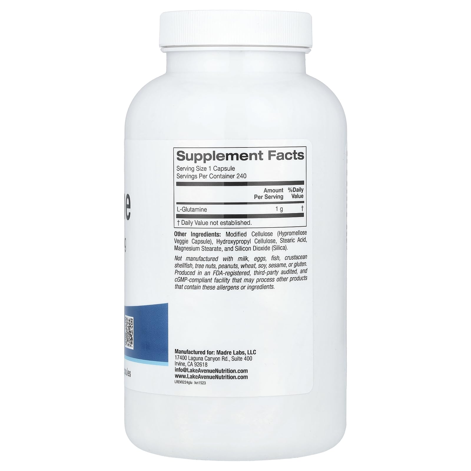 Lake Avenue L-Glutamine, Free-Form Amino Acid, 1,000 mg, 240 Veggie Capsules