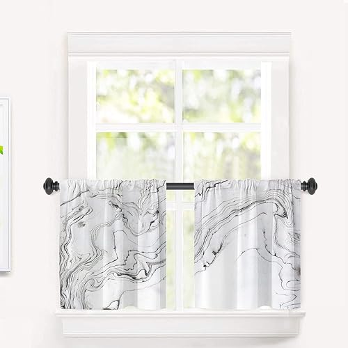 BaoNews Cortinas opacas de mármol gris con textura de mármol para ventanas, cenefas opacas de mármol de tinta abstracta en blanco y negro,