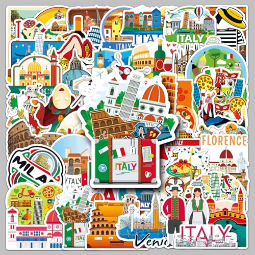 Lot de 50 Italie Voyage Autocollants en Vinyle Imperméables, Valises Stickers pour Bagages Skateboard Guitare Ordinateur Portable (Voyage)