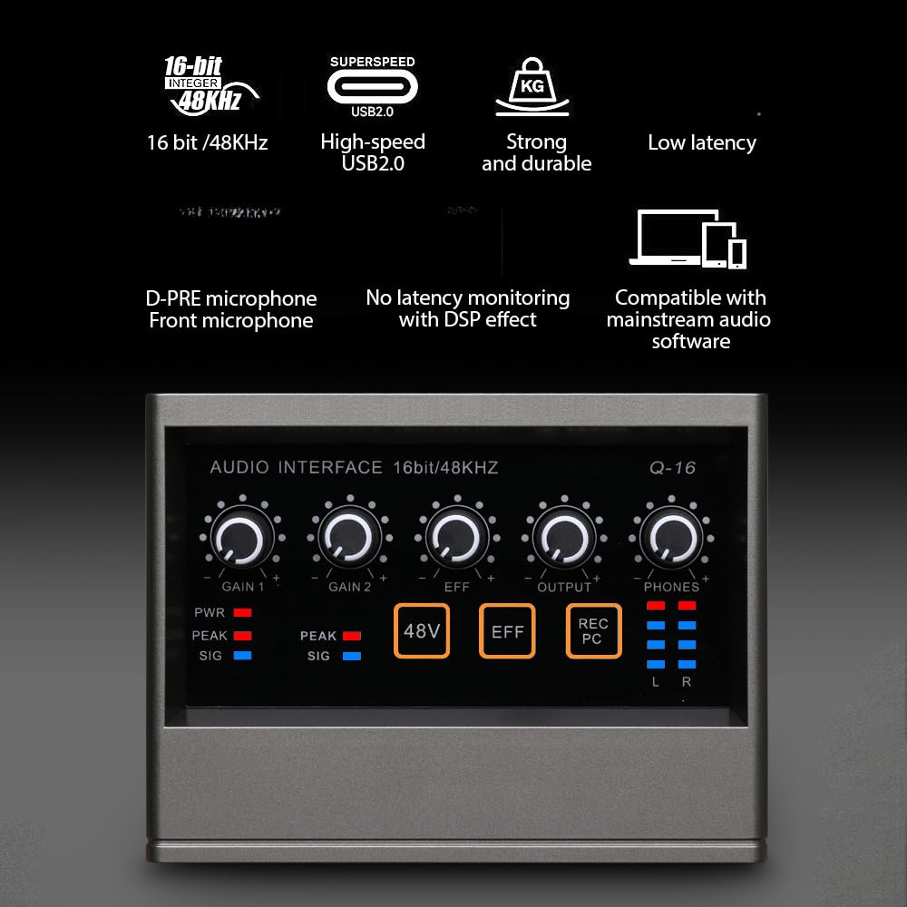 Interfaz XLR profesional con reverberación de 48 V Phantom Power tarjeta de sonido de 16 bits y 48 kHz, resolución Plug and Play para música en línea, karaoke vocal