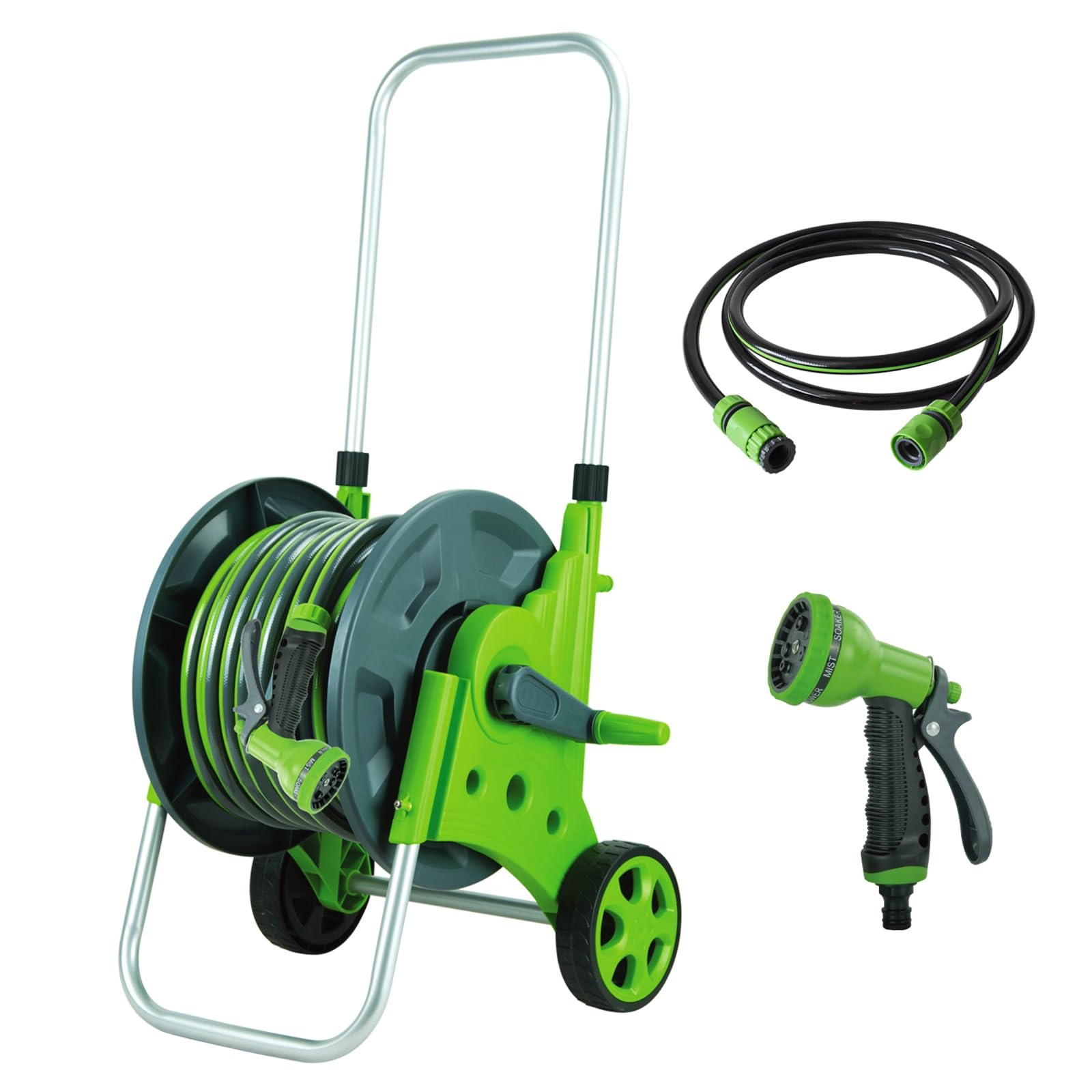 BIRCHTREE Garden Hose Reel Cart with 6 Function Spray Nozzle, Freestanding Wheeled Hose Pipe Reel Trolley, 20M Garden Watering Hose Outdoor Use