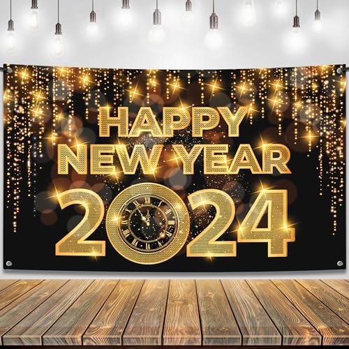 HOWAF Gold Glitter Happy New Year 2024 Banner - Large Party Backdrop With Clock & Fireworks, Photo Background For NYE Decor - View #12