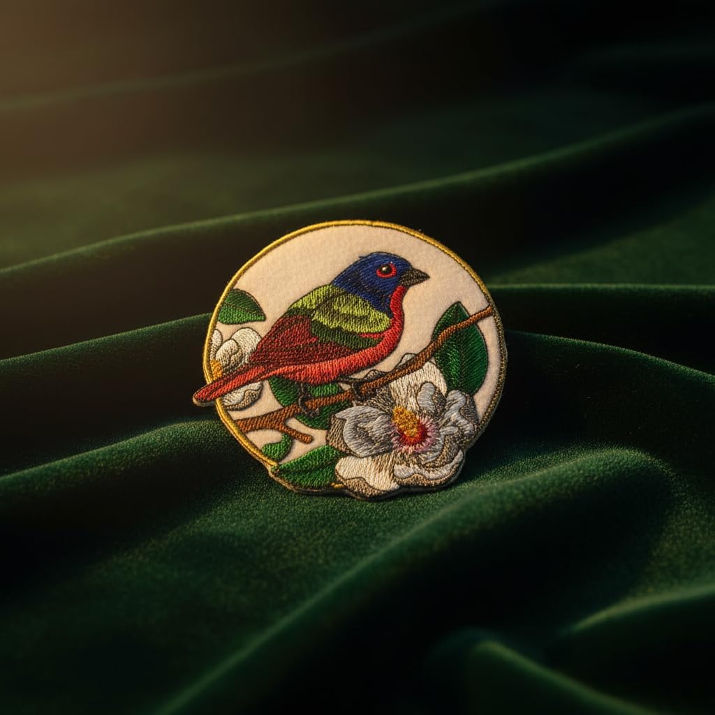 Nature Weaved in Threads, Amazing Birds Kingdom [Painted Bunting and Magnolia Circle [Custom and Unique] Embroidered Iron on/Sew Patch [5" *5"] [Made in USA]