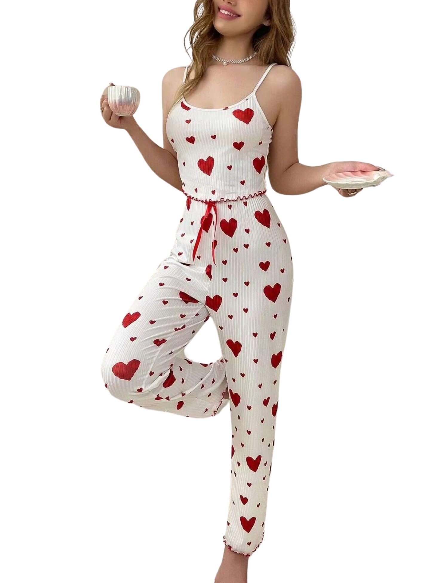 Gatamiau Women’s 2 Pieces Heart Print Pajama Set Sleeveless Cami Top + High Waist Pants,...