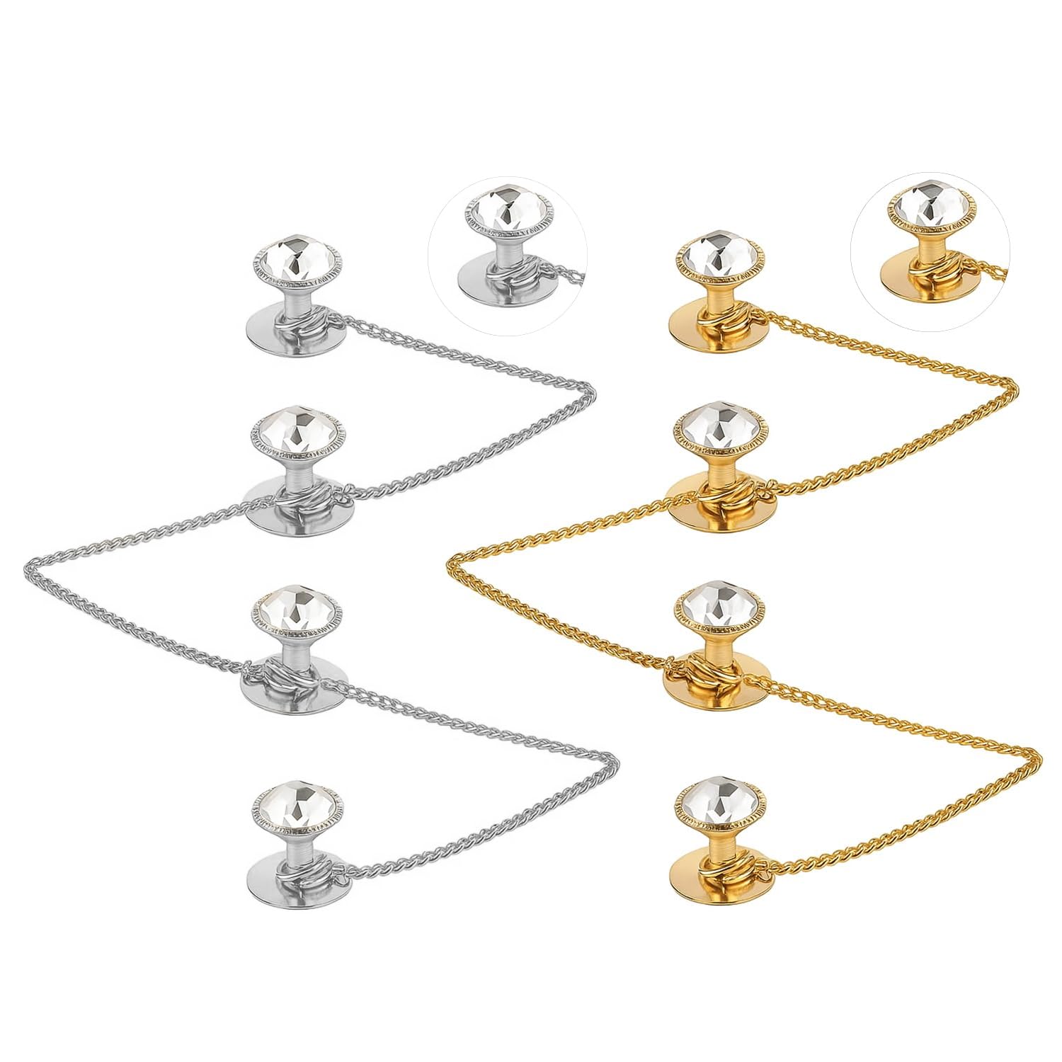 Traditional White Stone Studded Gold and Silver Plated Kurta Buttons Studs Combo With Chain For Women Men