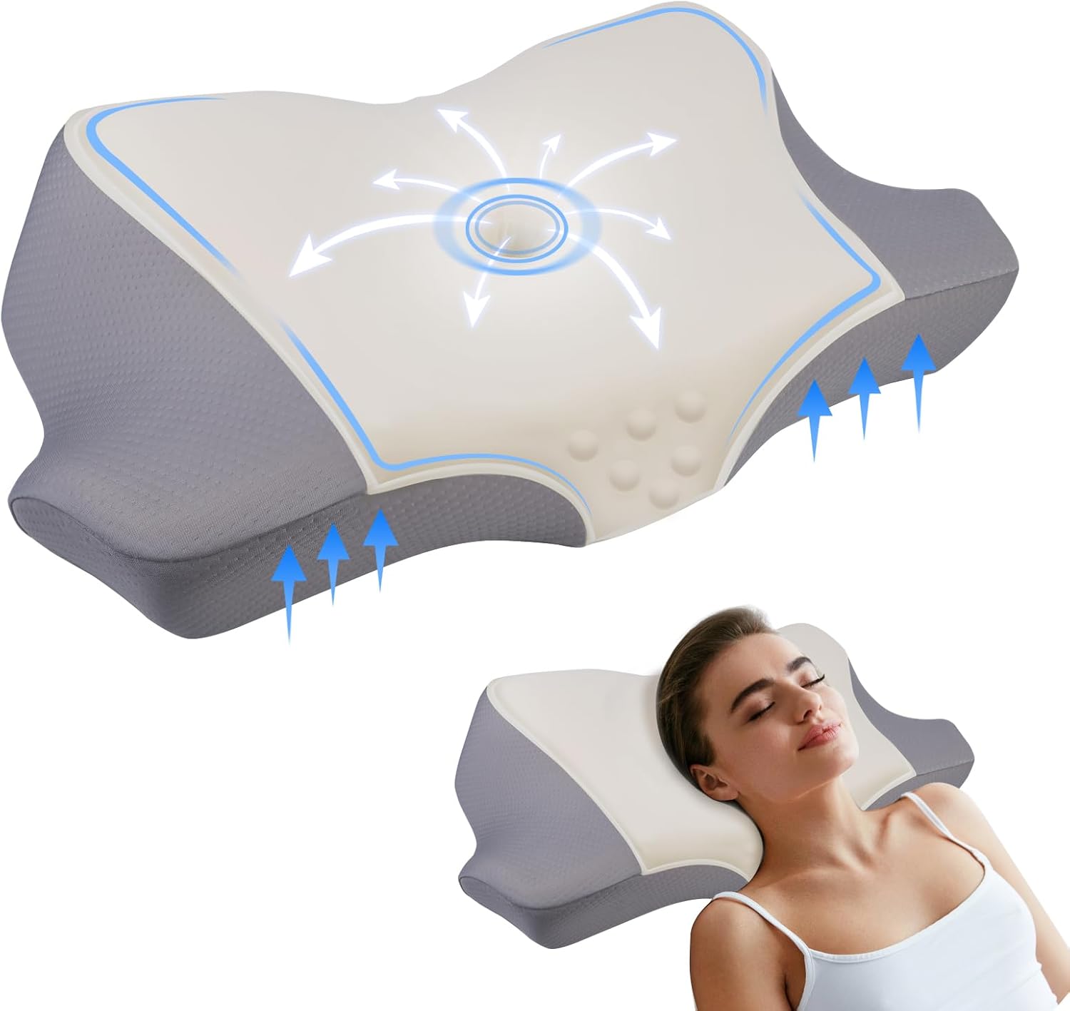 Moneledis Cervical Neck Pillow, Ergonomic Pillows for Side Back Stomach Sleepers, Memory Foam Bed Pillow for Neck Pain Relief, Orthopedic Contour Design with Cooling Pillowcase