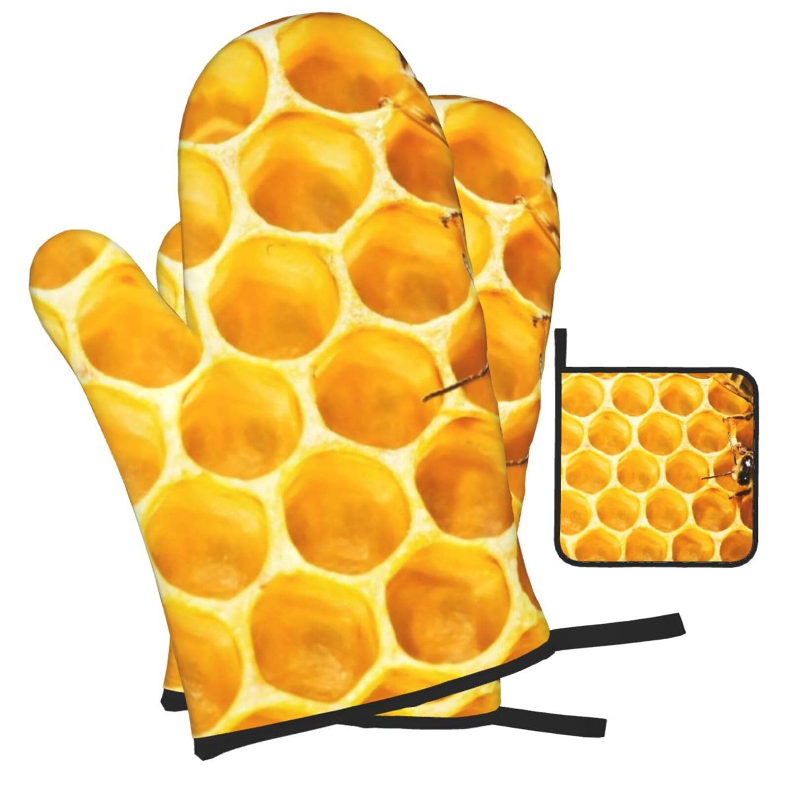 Wildlife Bees Printed Oven Mitts and Pot Holders Heat Resistant Set of 3 Pcs, Modern Kitchen Gloves & Potholders for Cooking Baking Grilling
