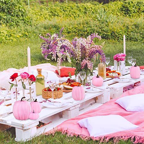 Image of Winlyn 7 Pcs Assorted Sizes Fall Artificial Pink Pumpkins Harvest Faux Foam Pumpkins for Fall Autumn Season Halloween Thanksgiving Harvest Holiday Season Festive Tabletop Decoration