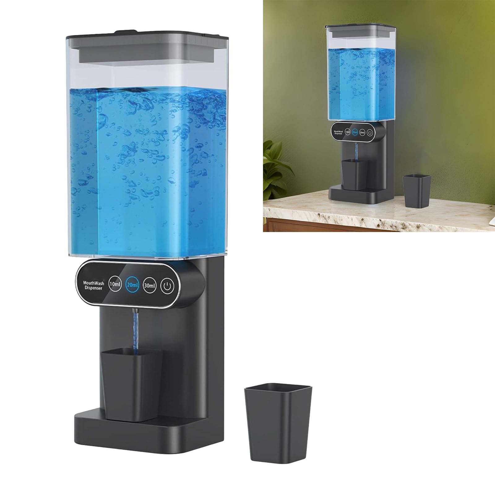 Mundwasserspender mit automatischer Steuerung, 700 ml, berührungsloses elektrisches Wandgerät für Badezimmer mit Magnetbechern, berührungsloser elektrischer Spender