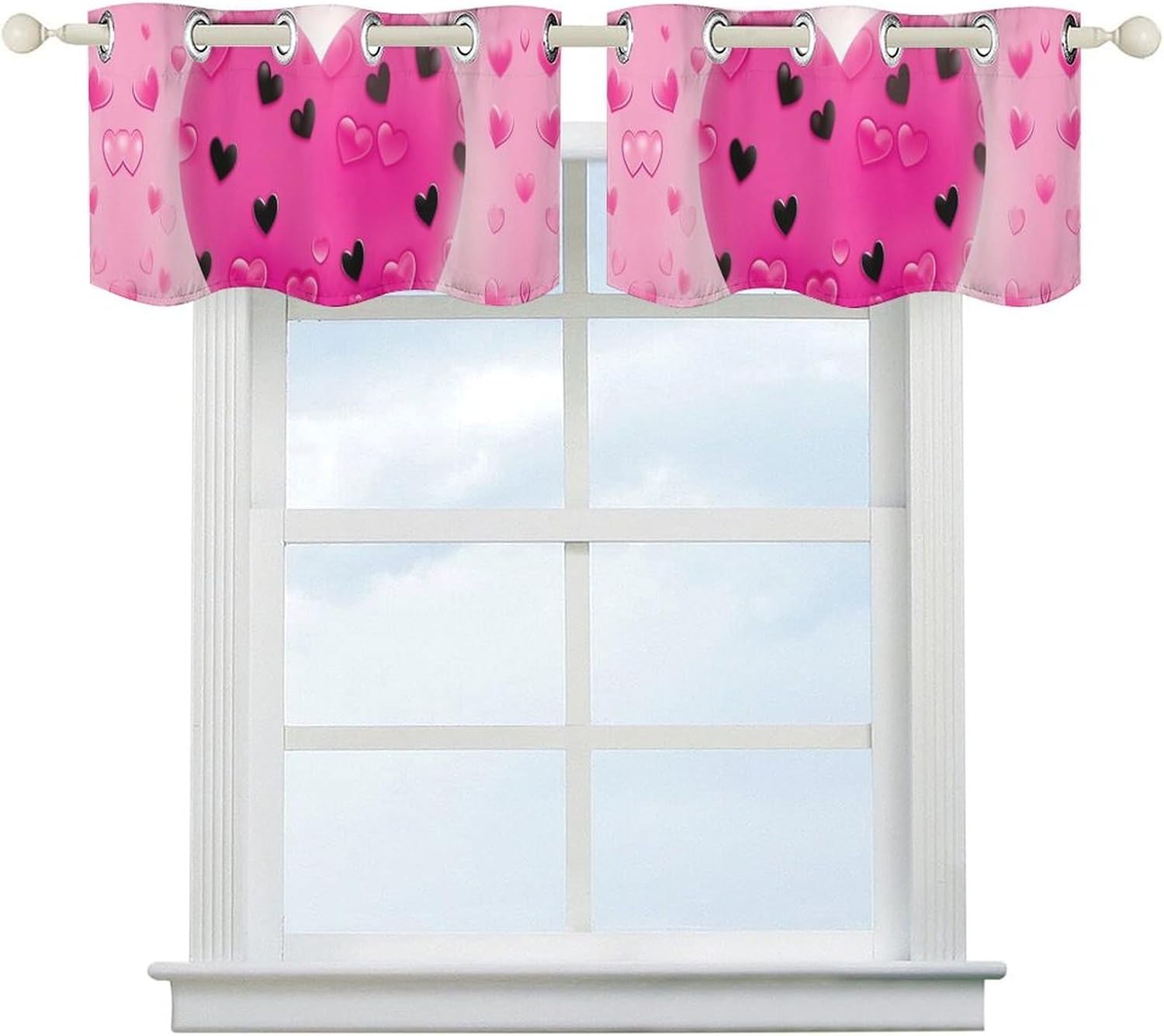 Pink Love Heart Valance for Windows, 2 Pack Kitchen Curtains Modern Home Decor, Soft Blackout Window Curtains for Living Room & Bedroom, 18 X 52 Inch