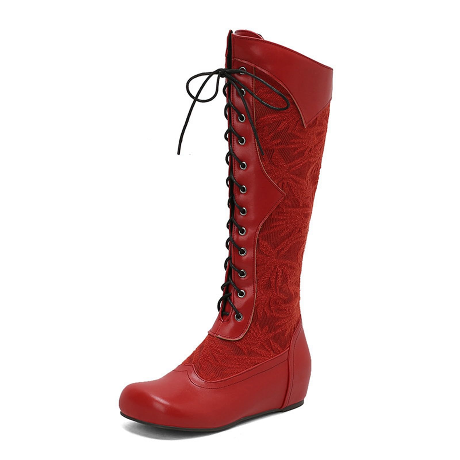 Womens Knee High Boots Vintage Lace Comfort Casual Riding Combat Long Boots Low Heeled Winter Fashion Dressy Winter