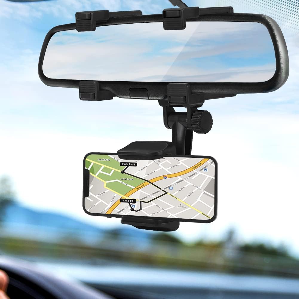 Uniwersalny uchwyt na telefon samochodowy, lusterko wsteczne, obracany o 360°, pasuje do telefonów komórkowych 5-9 cm, duży wyświetlacz