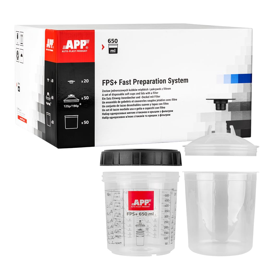 APP FPS+ Kit 650 ML – 50 gobelet Plastique avec Couvercle Filtre 125 µm avec 1 Godet Rigide gradué avec Bague de Serrage | Système de gobelet avec Couvercle pour Pistolet Peinture carrosserie