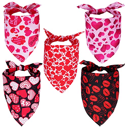 Dxhycc 5 Pack Valentines Dog Bandanas Triangle Dog Scarf Valentine Pet Bandana with Love Print Red Pink Heart Design for Medium and Large Dogs Cats Pets